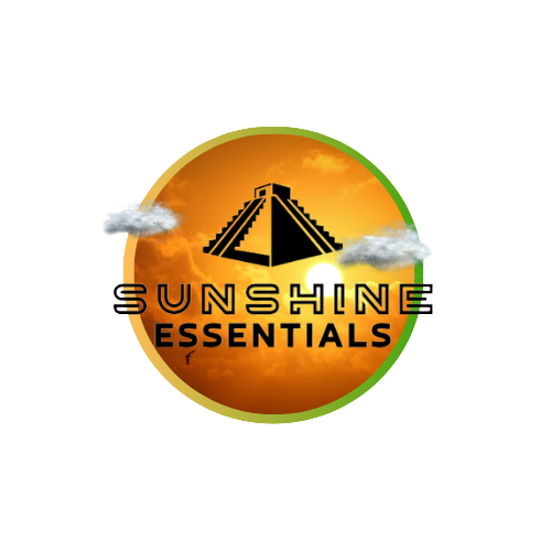 Sunshine Essentials logo with a modern pyramid, radiant sun background, and fluffy clouds.