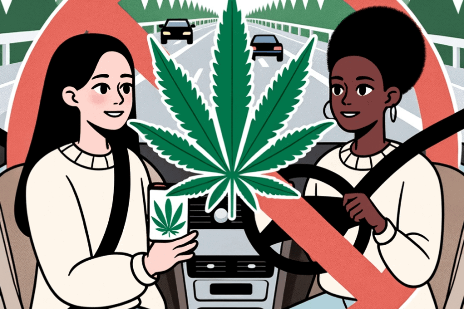 Diverse Female Driver with Cannabis Leaf and 'No' Sign