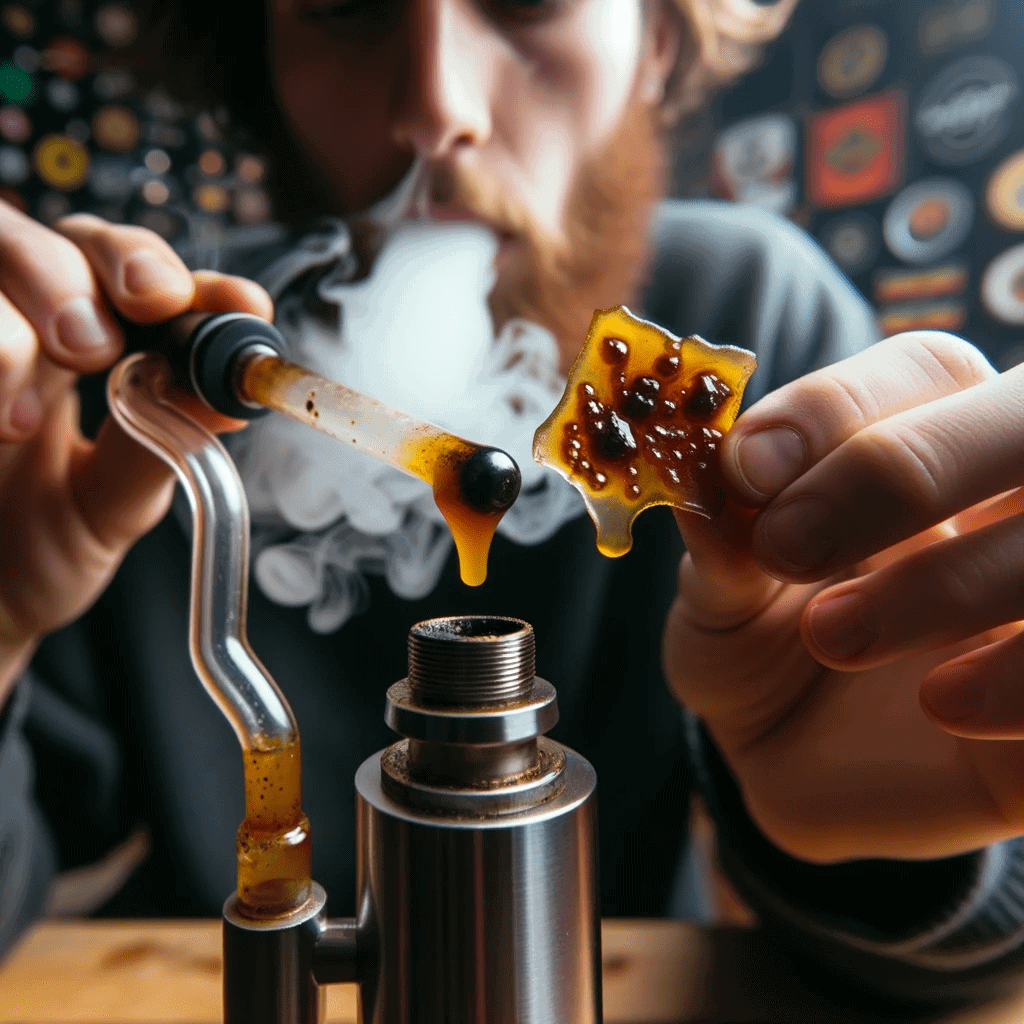 Enthusiast dabbing rosin using a rig