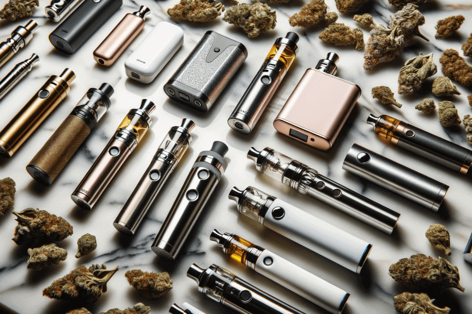 Collection of premium vaporizers on marble with scattered cannabis buds