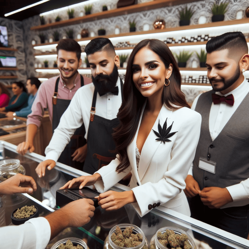 Elegant Mexican budtender assisting diverse customers at Sunshine Essentials dispensary.