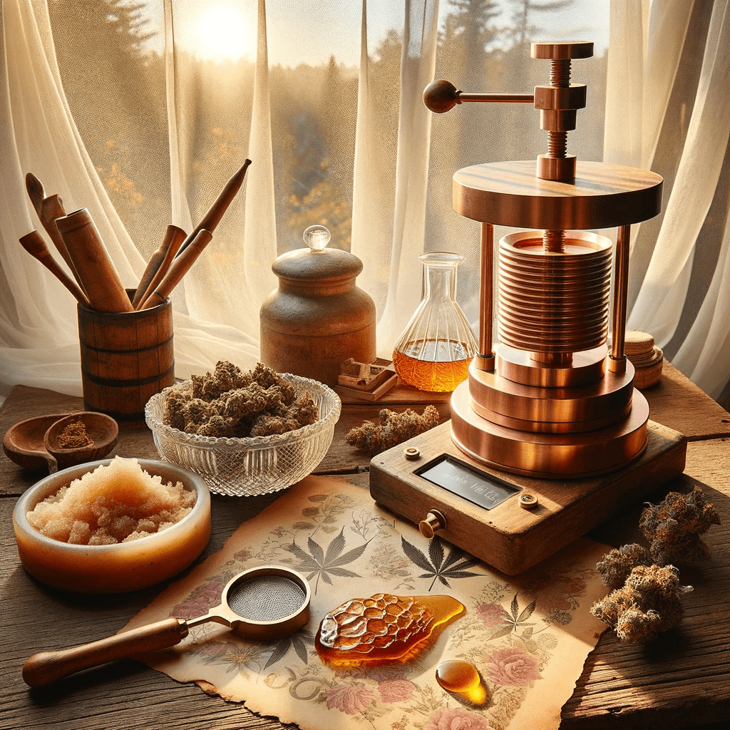  Rustic table with solventless extraction tools and products, white curtain backdrop.