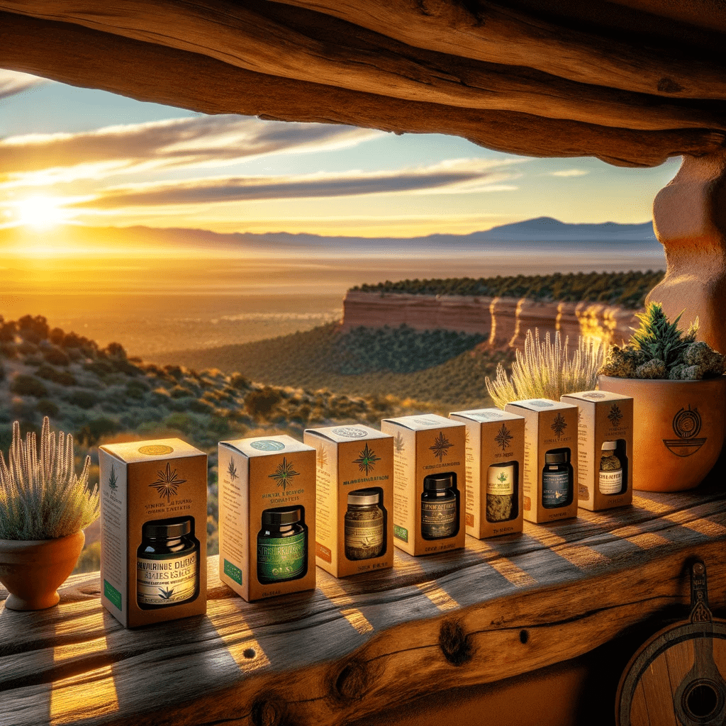 Curated cannabis products from New Mexico's top growers and manufacturers, showcased against an enchanting landscape backdrop.