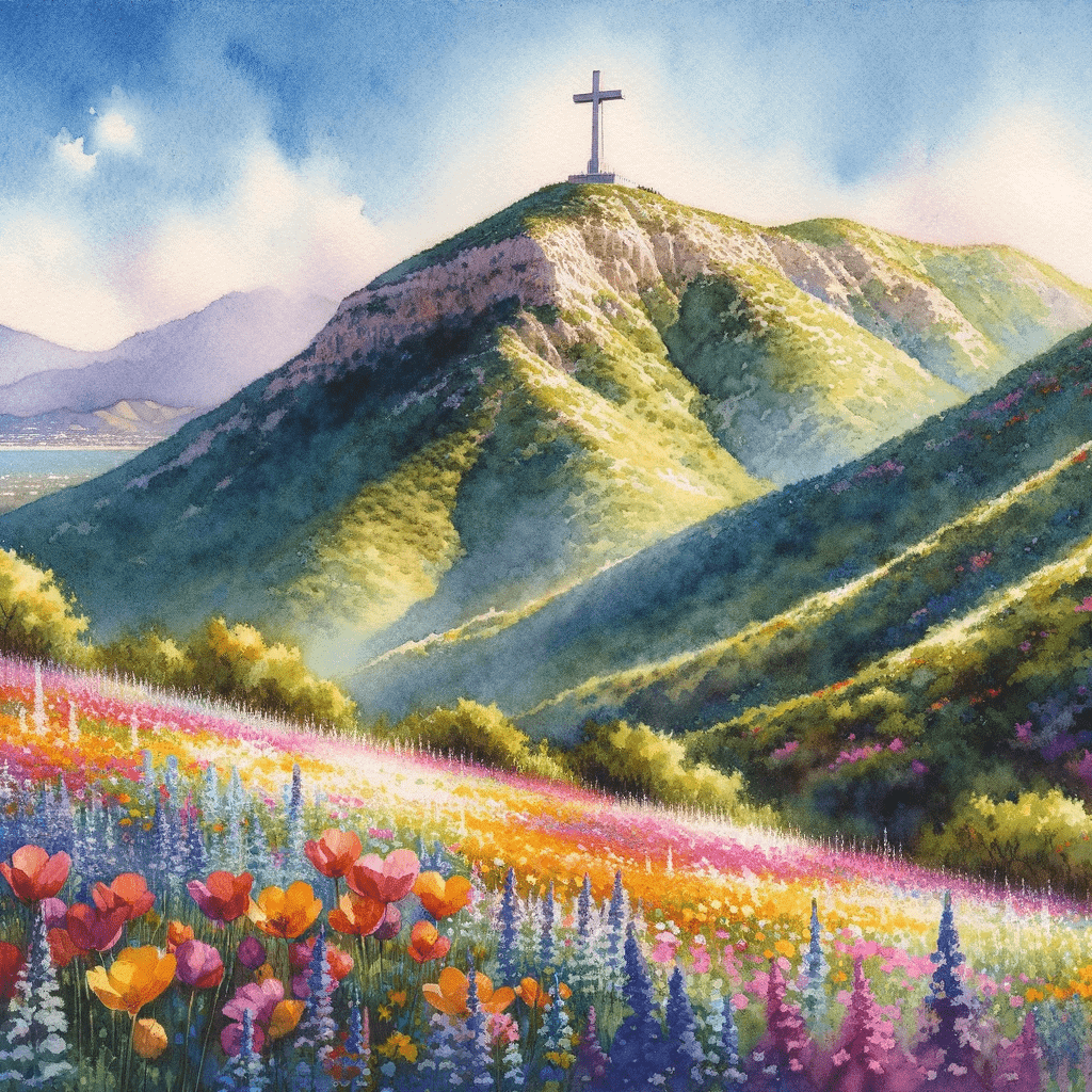 Watercolor Painting of Mt. Cristo Rey in Spring with Wildflowers