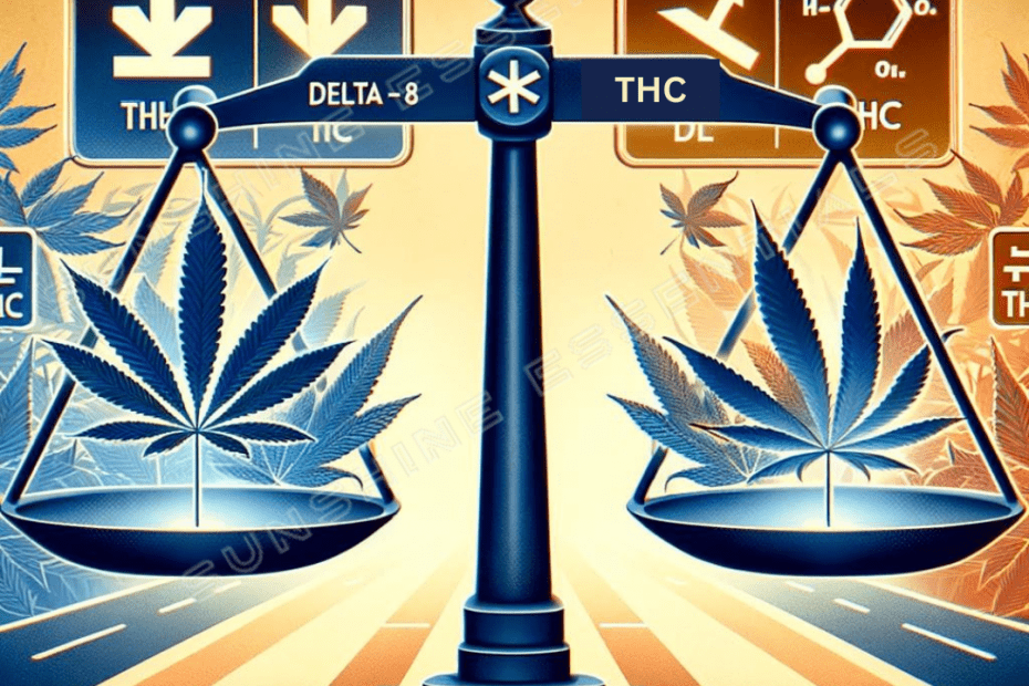 Abstract representation of choosing between Delta-8 and Delta-9 THC with balanced scales.