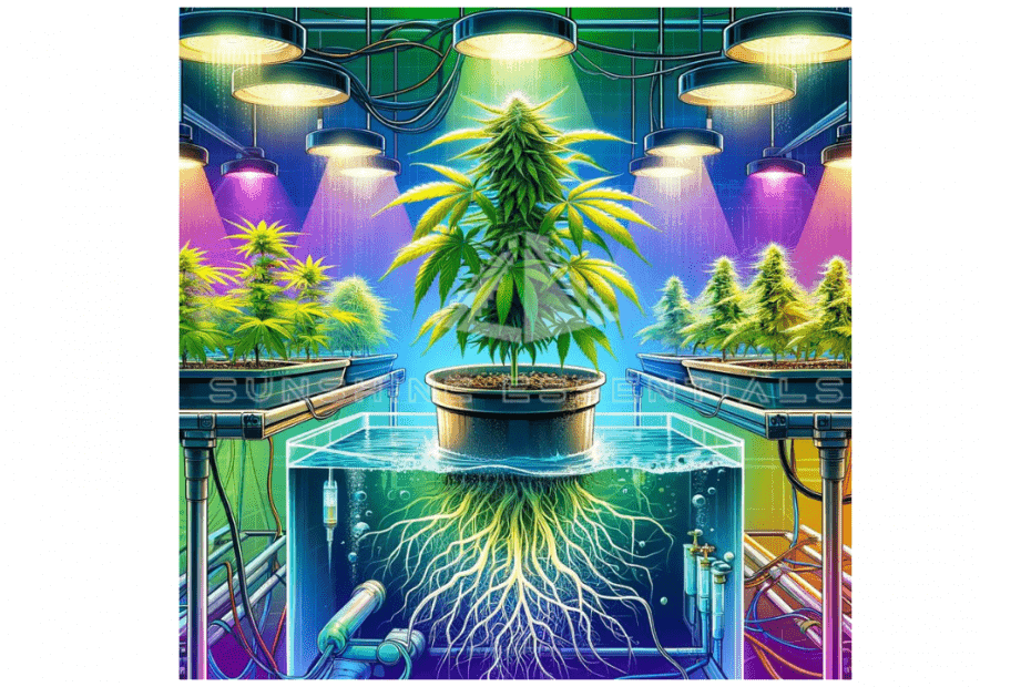 Hydroponic cannabis cultivation with LED lights and water tanks