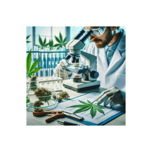 Scientist examining cannabis leaf in laboratory