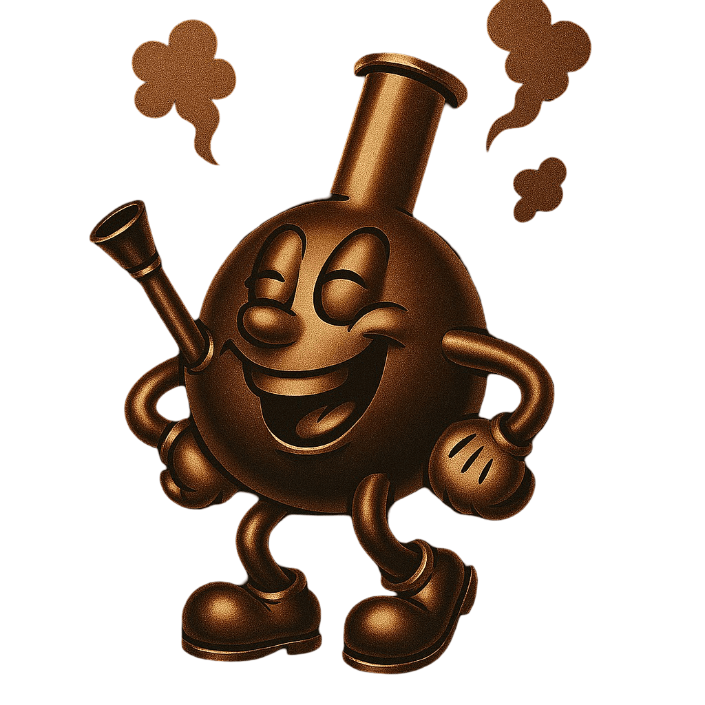 Vintage-style cartoon bong character named Bongo Loco, used in Sunshine Essentials marketing for cannabis culture branding