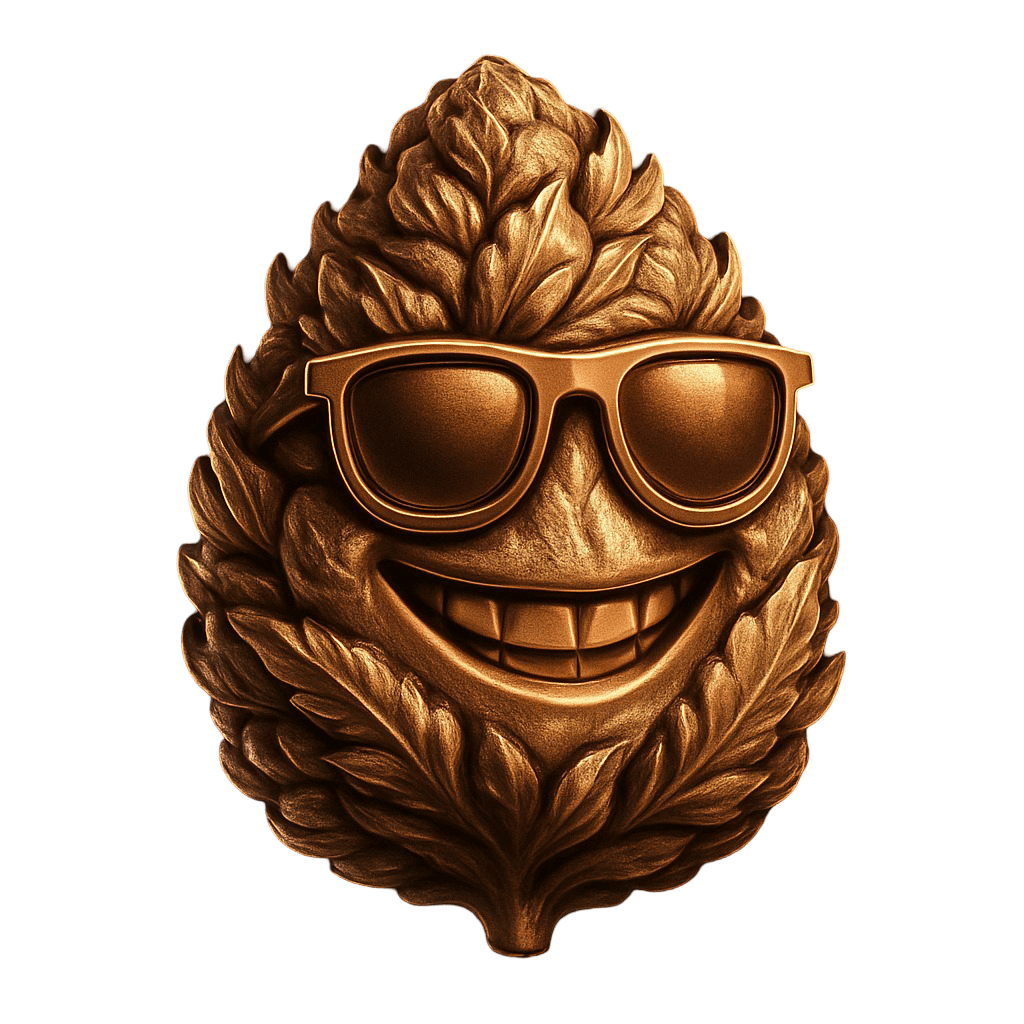 Luxury-style cannabis nug icon in copper tones, part of Sunshine Essentials branding for premium flower and edibles.
